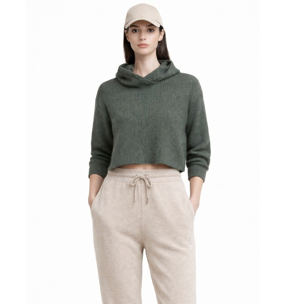 Wesley 100% Cashmere Green Ribbed Crop‎ Hoodie Sweater XS